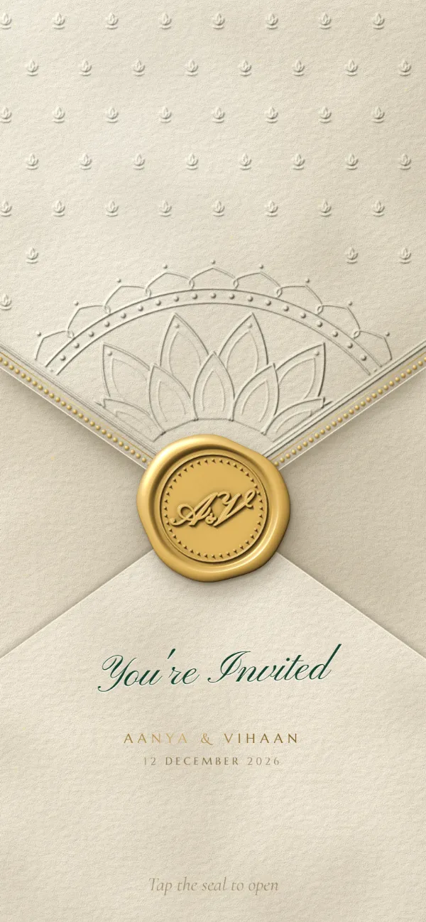 The website: the Mahal invitation on a phone, an ivory envelope closed with a gold seal