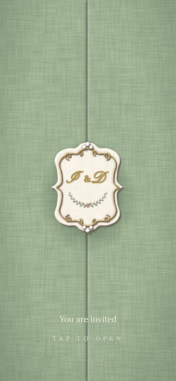 Resham: two sage linen doors held shut by a plaque with a gold-stitched monogram